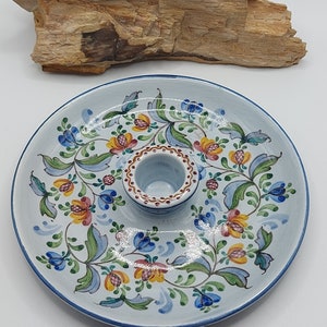 Vintage hand decorated Portugal pottery candle holder,  handmade candle holder. Hand Painted,