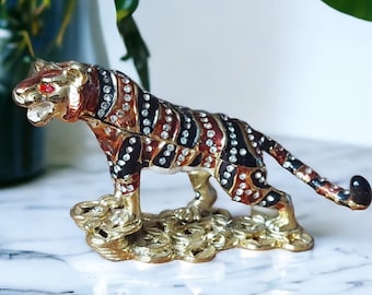 Enameled Rhinestone Tiger Trinket Box, Feng Shui Decor