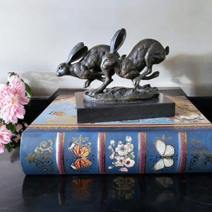 Bronze Running Hares on Marble base statue figurine animal art, wild hare nature, decorative bronze sculpture, home decor, home accents,