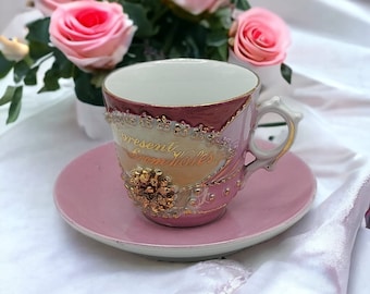 Antique German Porcelain Lustre Ware Cup and Saucer, Wales Souvenir