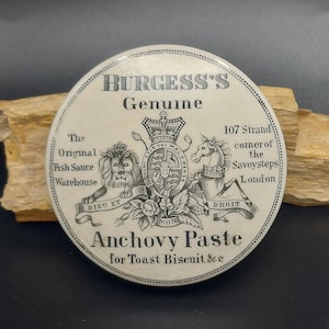 Original Antique Victorian Burgess&#39;s Genuine Anchovy Paste for Toast Biscuits Etc Ironstone Pot Lid, old English pottery collectible,