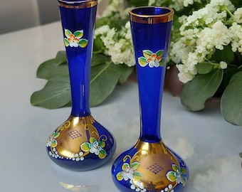Bohemia Czech Republic Cobalt Blue Glass Vase ~ White Water Lilies