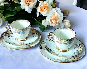 1930&#39;s ART DECO Tuscan China Teacup Saucer Trio, gold accent with floral decoration,   English bone china , home decor, afternoon tea party