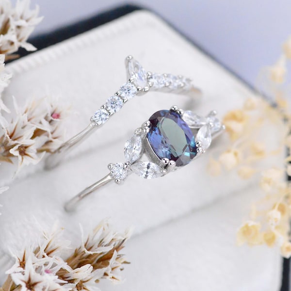 Rhodium Plated Silver Dainty Alexandrite Ring Set. Floral Cluster Alexandrite Ring Set, Silver Ring Unique Curved Marquise Cut Ring Set