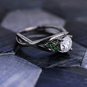 6mm Round Brilliant Cut Celtic Moissanite Emerald Engagement Ring Hidden Halo 14K black Gold Celtic Ring FFairy Tail Fantasy ring