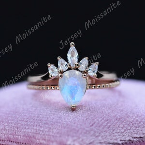 Parure de bagues en or rose poire pierre de lune, bague marquise en argent sterling