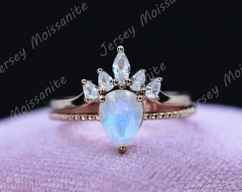 Rose Gold Rainbow Silver Dainty Natural Moonstone Ring Set, 2ct Pear Cut Moonstone Ring Set, Rose Gold Ring Unique Curved Marquise Cut Ring