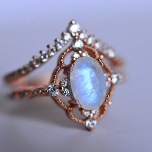 Rose Gold Plated Silver Vintage Style Natural Moonstone Ring Set, 2ct Oval Cut Moonstone Ring Set, Rose Gold Ring Unique Curved Ring