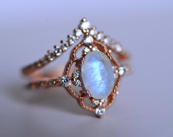 Rose Gold Plated Silver Vintage Style Natural Moonstone Ring Set, 2ct Oval Cut Moonstone Ring Set, Rose Gold Ring Unique Curved Ring