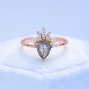 Rose Gold Plated Silver Dainty Natural Rutilated Quarts Ring , 2ct Pear Cut Quartz Ring , Rose Gold Ring Unique Curved Marquise Cut Ring