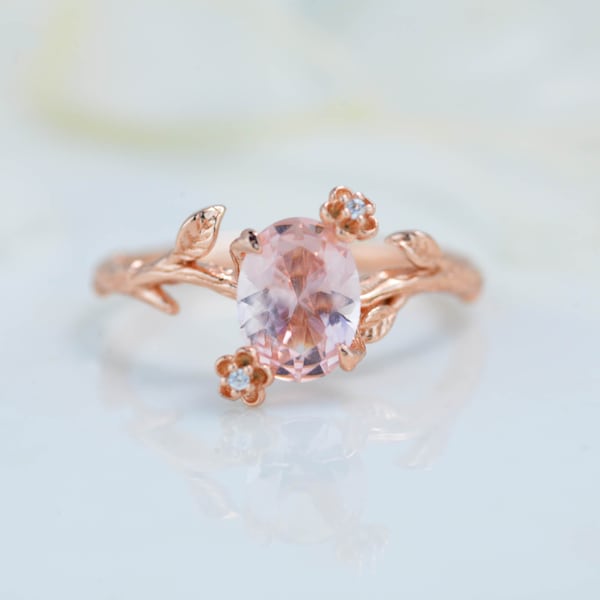 Rose Gold Floral Style Natural Peach Morganite  Ring, 2ct Oval Cut Morganite Fairy Tail Ring, Rose Gold Twig Morganite Flower Nature Ring