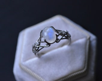 Oval Moonstone Ring, Floral Silver Band, June Birthstone
