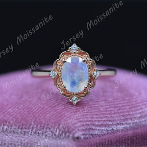 Fairy Tail Rose Silver Vintage Style Natural Moonstone Ring , 2ct Oval Cut Moonstone Ring , Rose Gold  Unique Moonstone Ring. Gift for her