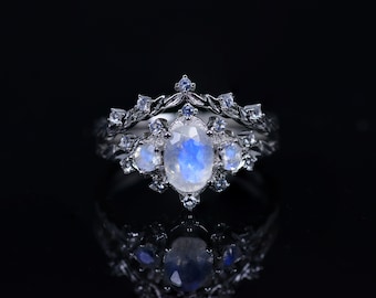 Vintage Style Moonstone Ring Set: Sterling Silver, Moissanite Accents