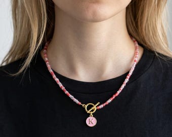 Pink Beaded Necklace with Custom Initial Charm