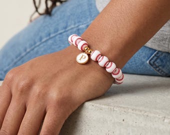 Handmade Baseball Bracelet with Initial Charm, Sports Jewelry Gift for Wife, Team Stack