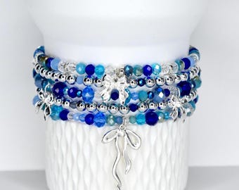 Blue and Crystal Bracelet Collection with Bow Charms: Cobalt Beaded Bracelets with Silver Accents
