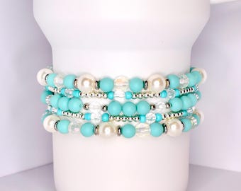 Pearl, Teal and Crystal Bracelet Stack: Light Blue Cup Jewelry