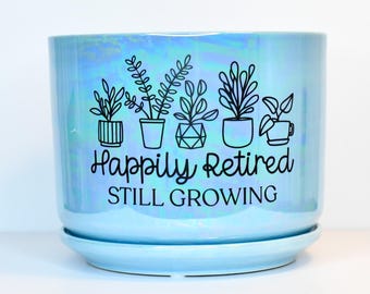Personalized Planter Iridescent Blue Houseplant Pot with Saucer - Custom Text with House Plant Design