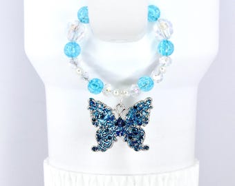 Tumbler Handle Bracelet with Rhinestone Blue Butterfly Charm