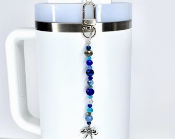 Blue and Crystal Tumbler Straw Charm with Silver Bow