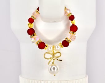 Red Velvet Tumbler Handle Bracelet: Burgundy, Pearl, and Gold Bow Charm