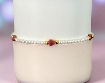 Pearl Beaded Bracelet with Pink Hearts and Gold Accents