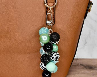 Mint and Black Beaded Bag Charm - Bag Keychain