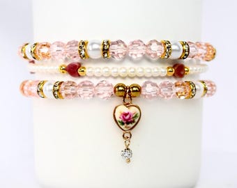 Conch Floral Bracelet Collection: Light Pink, Pearl and Gold Beaded Bracelets with Heart Charm