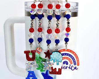 Patriotic Tumbler Straw Charm: Red White Blue Beaded USA Accessory