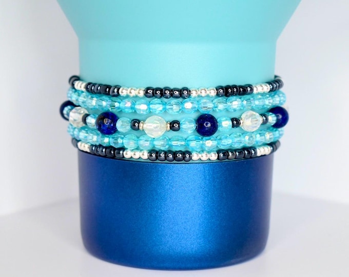 Blue Bracelet Stack: Handmade Iridescent Beaded Jewelry for Tumbler or Wrist