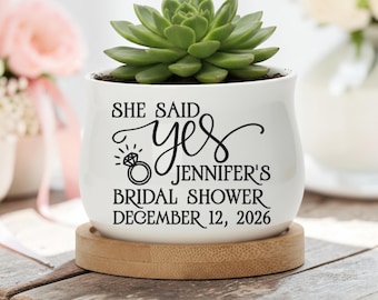 Personalized Mini Succulent Pot | She Said Yes Bridal Shower Favor with Bamboo Tray