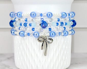 Blue Coquette Winter Ice Bracelet Collection: Sky Blue and Crystal Bracelets with Bow Charm