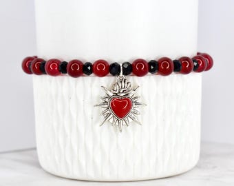 Sacred Heart Bracelet Collection: Red and Black Bracelets with Heart Charm