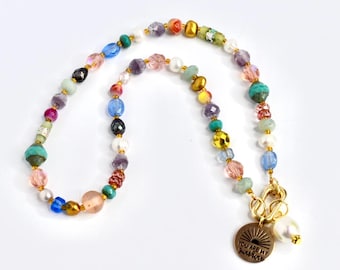 Colorful Beaded Necklace with You Are My Sunshine Charm & Pearl Charm