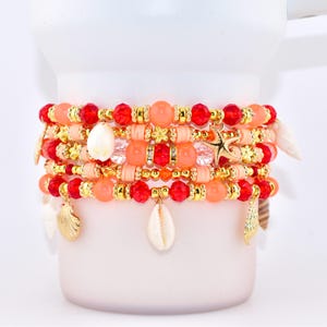 Orange Red and Gold Bracelet Collection with Hibiscus Flowers and Shell Charms