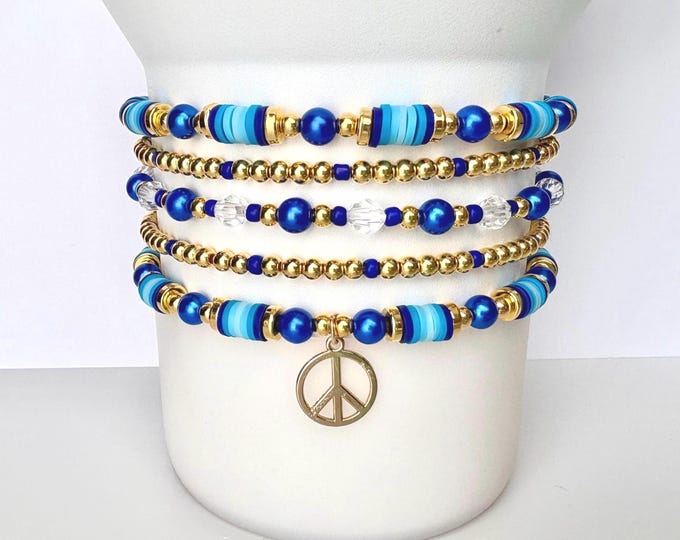 Blue & Gold Tumbler Bracelet Stack: Peace Sign Charm, Handmade