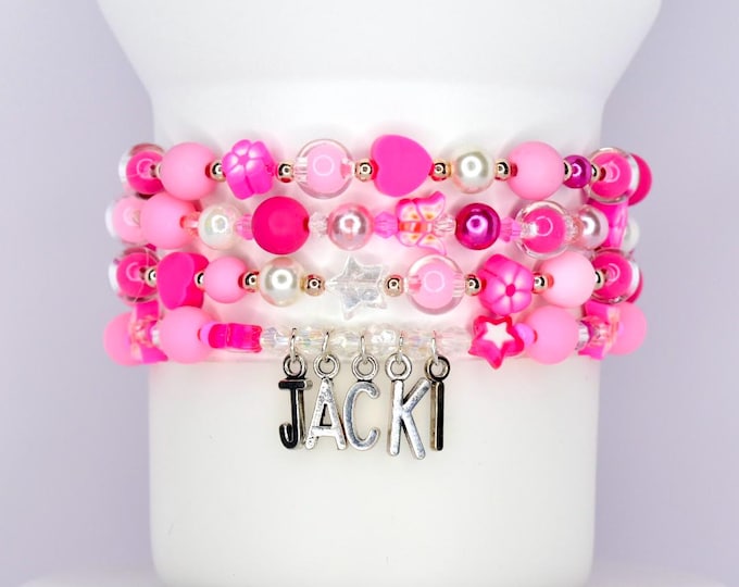 Personalized Tumbler Bracelet Stack: Beaded Name Charm Bracelet Set