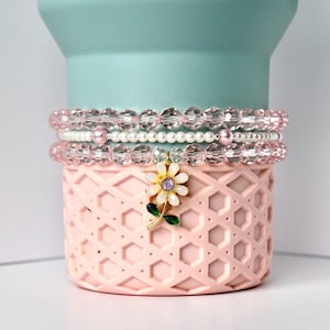 Pink Crystal & Pearl Bracelet Stack: Flower Charm, Tumbler or Wrist