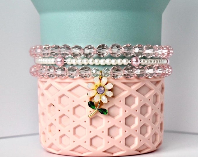 Pink Crystal & Pearl Bracelet Stack: Flower Charm, Tumbler or Wrist