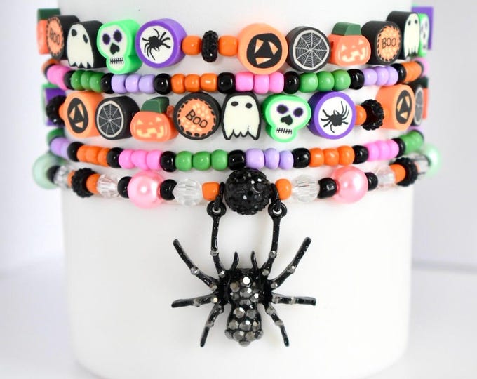 Halloween Bracelet Stack for Tumbler or Wrist: Spooky Ghost, Pumpkin, Spider Charms