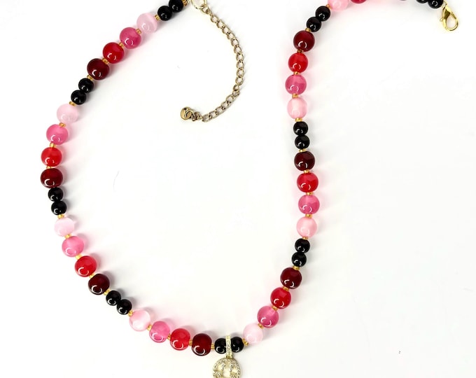 Red & Pink Glass Beaded Necklace: Handmade Jewelry Gift - Choose Charm