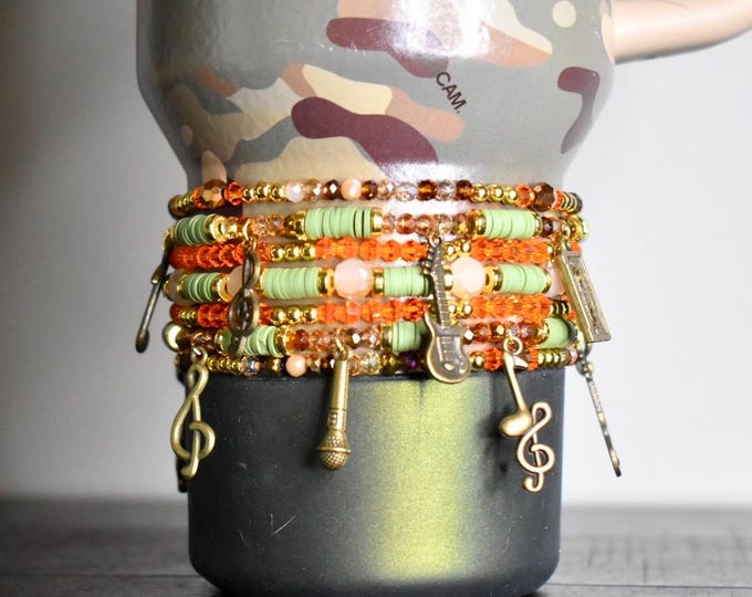Camouflage Bracelet Stack with Music Charms: Gold, Brown, and Orange for Tumbler or Wrist