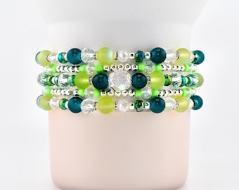 Coastal Teal Bracelet Collection: Dark Blue Green Beaded Bracelets with Silver Accents