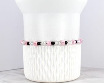 Black and Pink Beaded Stretch Bracelet