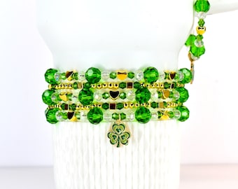 St. Patrick's Day Bracelet Collection: Sparkling Green, Crystal and Gold Beaded Bracelets with Charm