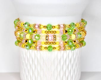 Spring Blossom Bracelet Collection: Pink Yellow Green and Gold Beaded Bracelets with Crystal Accents