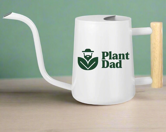 Plant Dad Watering Can: White Metal with Wood Handle