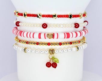 Cherry Charm Bracelet Collection with Red White and Gold Beads