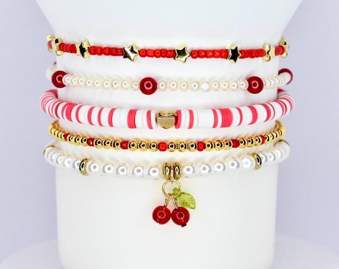 Featured listing image: Cherry Charm, Red, White, and Gold Tumbler Bracelet Stack